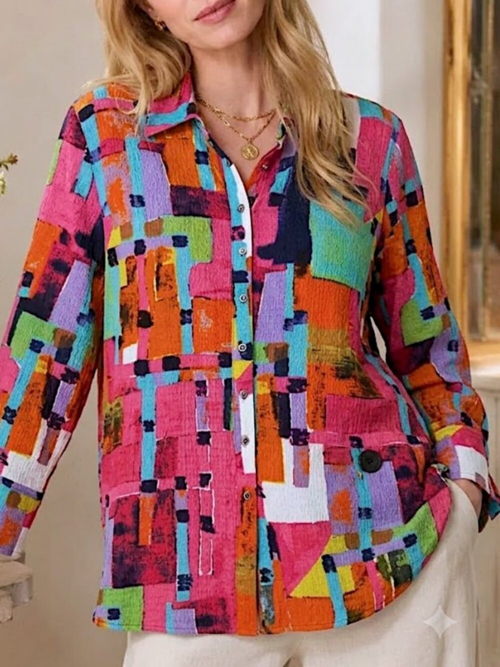 Calessa Crinkle Woven Point Collar Long Sleeve Button Front Top Size XL - NWT